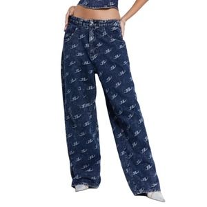 Jaded London Womens Jeans Relaxed Baggy Blue Monogram Embossed Logo Wide Leg 26